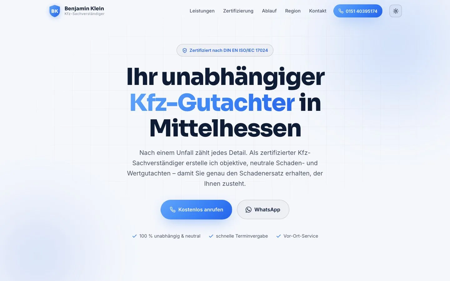 Website Benjamin Klein Kfz-Gutachter